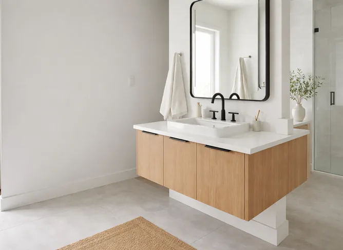 Bathroom faucet professionally installed on a modern vanity with spotless finish work.