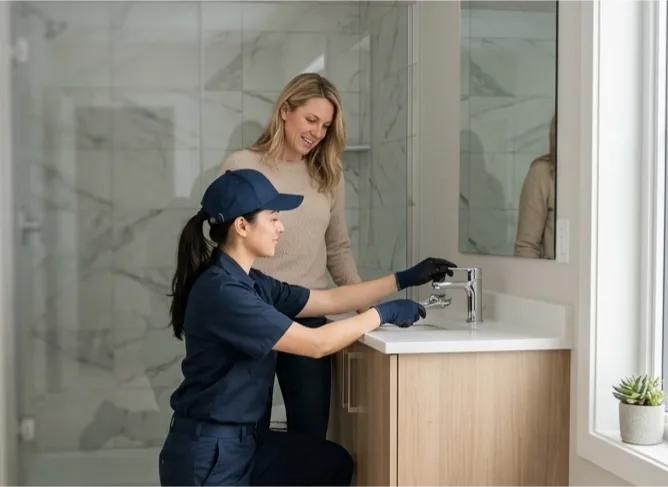 Clean modern bathroom with professionally installed sink, faucet, toilet, and shower fixtures.
