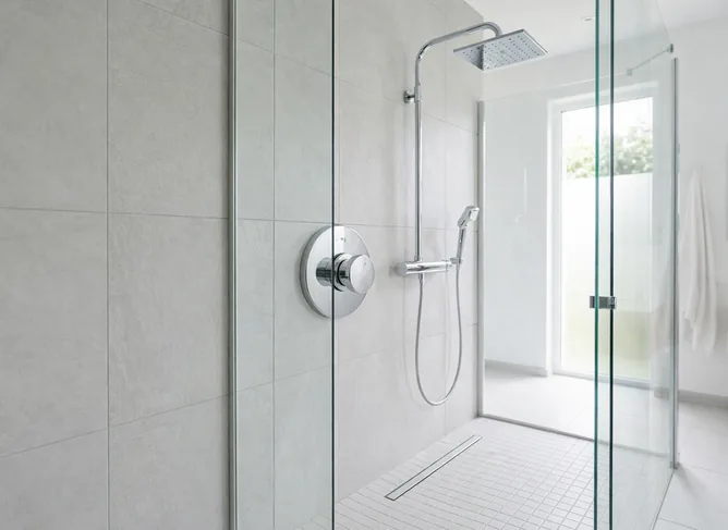 Modern shower and tub fixtures professionally installed with aligned trim and watertight seals.