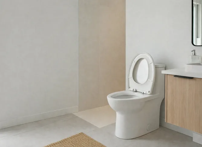 New toilet seat professionally fitted in a bright bathroom with clean installation details.