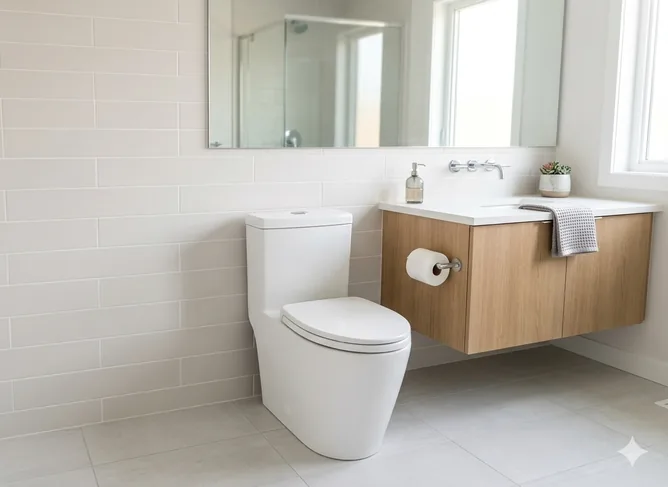 Modern bathroom toilet professionally installed with clean trim and leak-free connections.