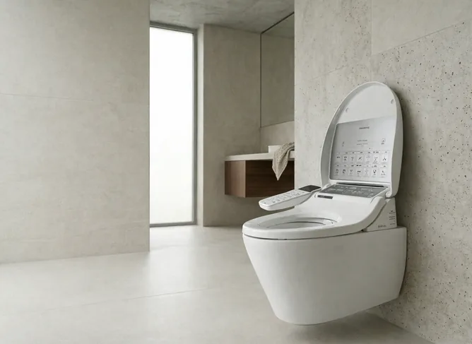 Contemporary bathroom with a professionally installed washlet seat and clean plumbing finish.