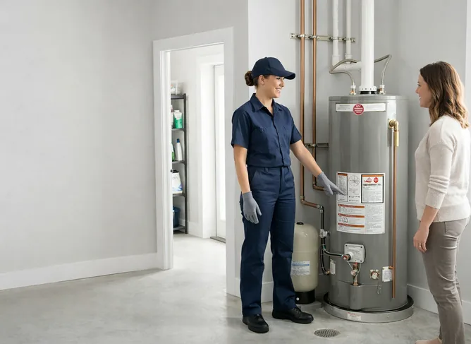 Plumber reviewing a residential hot water tank installation with a homeowner in a clean utility area.