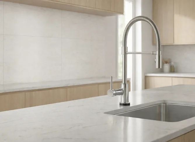Modern kitchen faucet professionally installed over a sink with polished fixture finish.