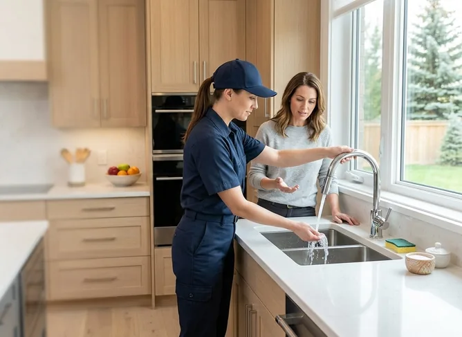 Kitchen plumber demonstrating faucet and sink operation with homeowner in a bright modern kitchen.
