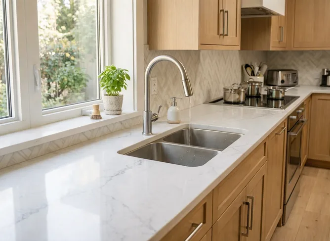 Kitchen sink professionally installed with clean plumbing lines and leak-tested connections.