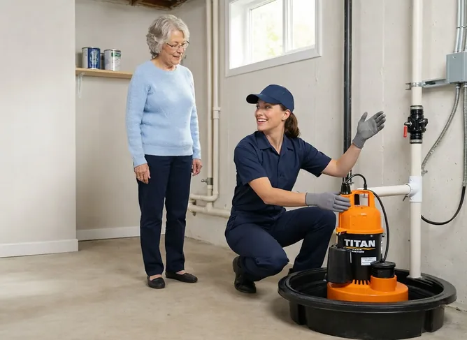 Technician explaining a residential sump pump system to a homeowner in a clean basement.